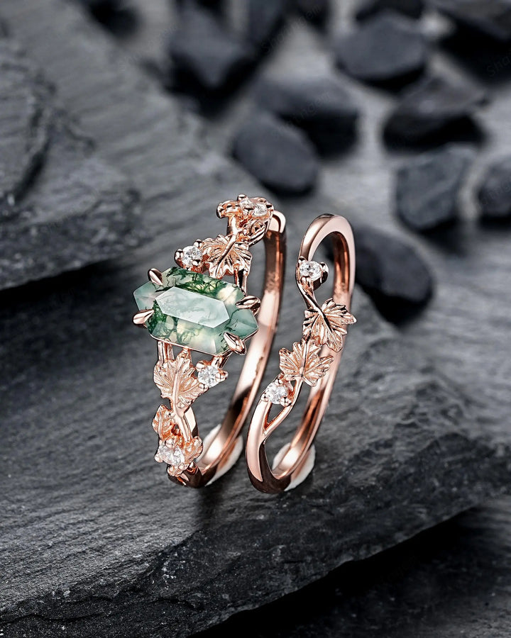 Maple Leaf Long Hexagon Moss Agate Engagement Ring Set: Rose Gold Nature Inspired Wedding Promise Anniversary 925 Silver, 24K Gold Plated - ShainJewelry