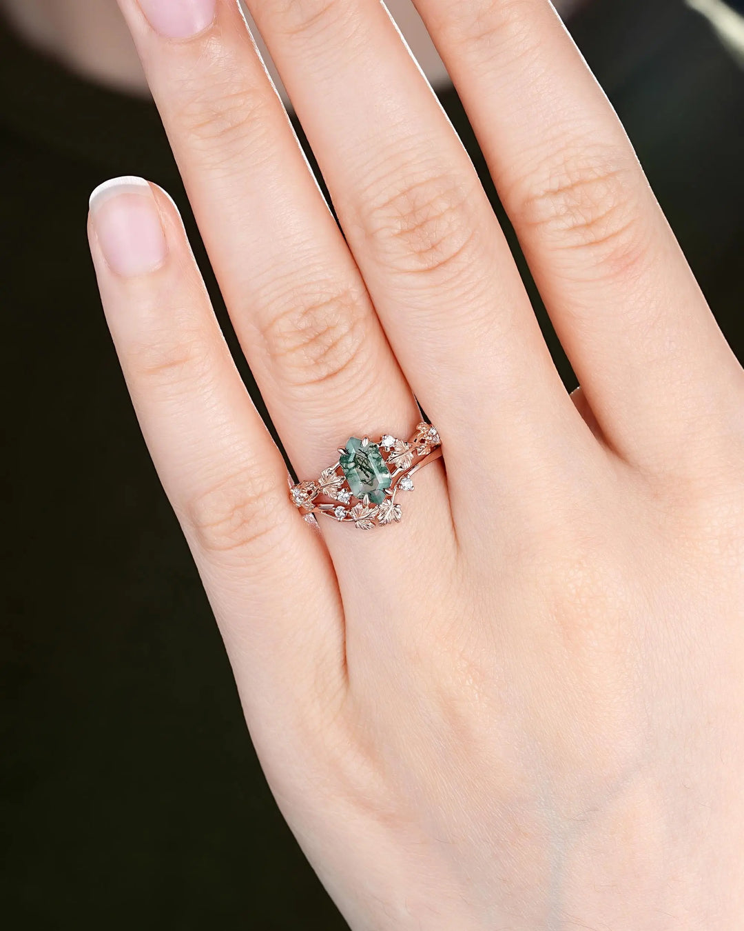 Maple Leaf Long Hexagon Moss Agate Engagement Ring Set: Rose Gold Nature Inspired Wedding Promise Anniversary 925 Silver, 24K Gold Plated - ShainJewelry