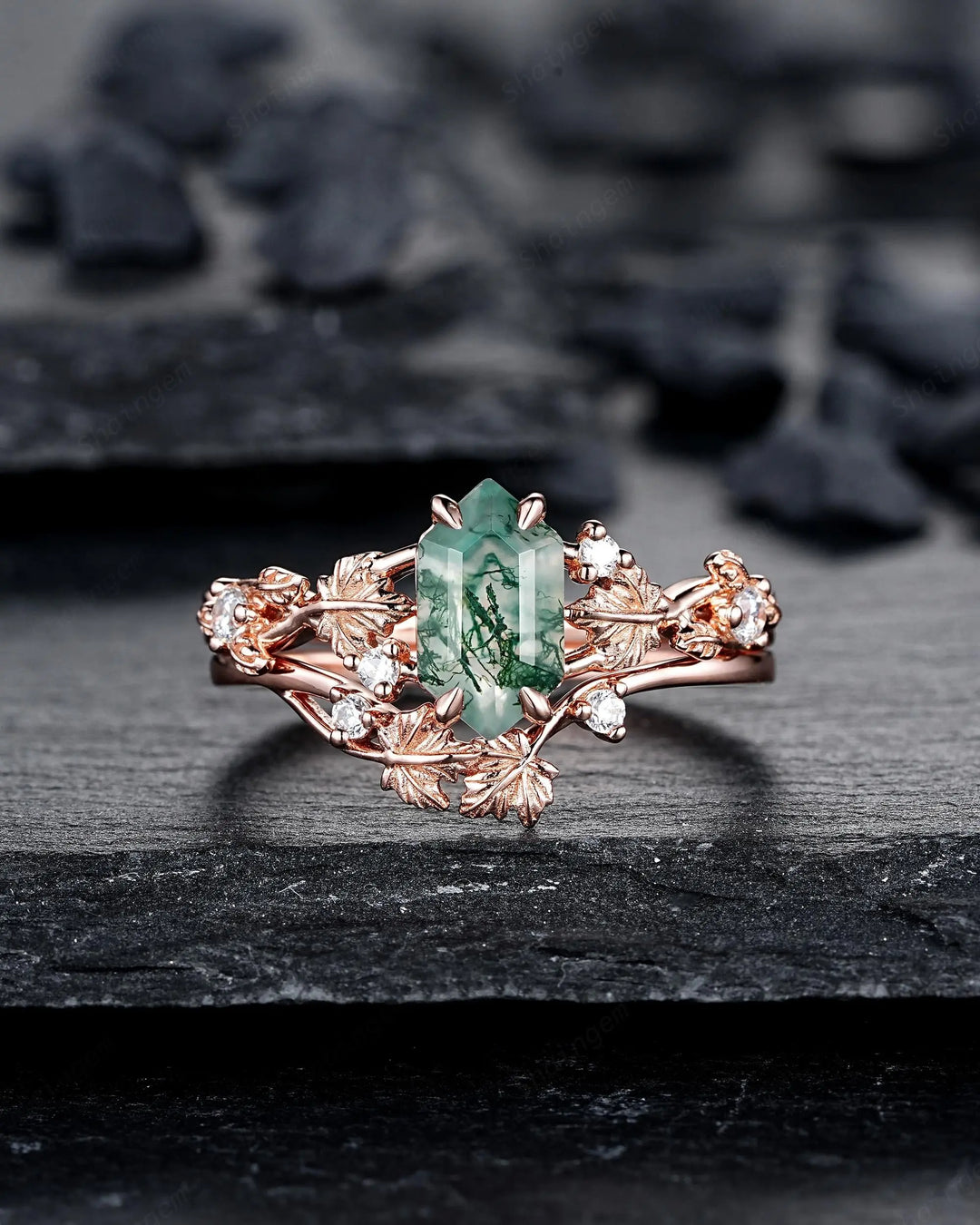 Maple Leaf Long Hexagon Moss Agate Engagement Ring Set: Rose Gold Nature Inspired Wedding Promise Anniversary 925 Silver, 24K Gold Plated - ShainJewelry