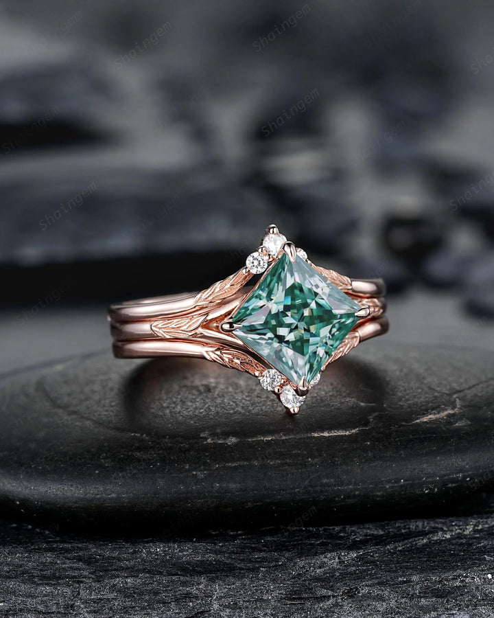 Unique 3PCS Princess Cut Green Moissanite Solitaire Engagement Ring: Nature Inspired Leaf Wedding Set Rose Gold Promise Silver 925, Platinum - ShainJewelry