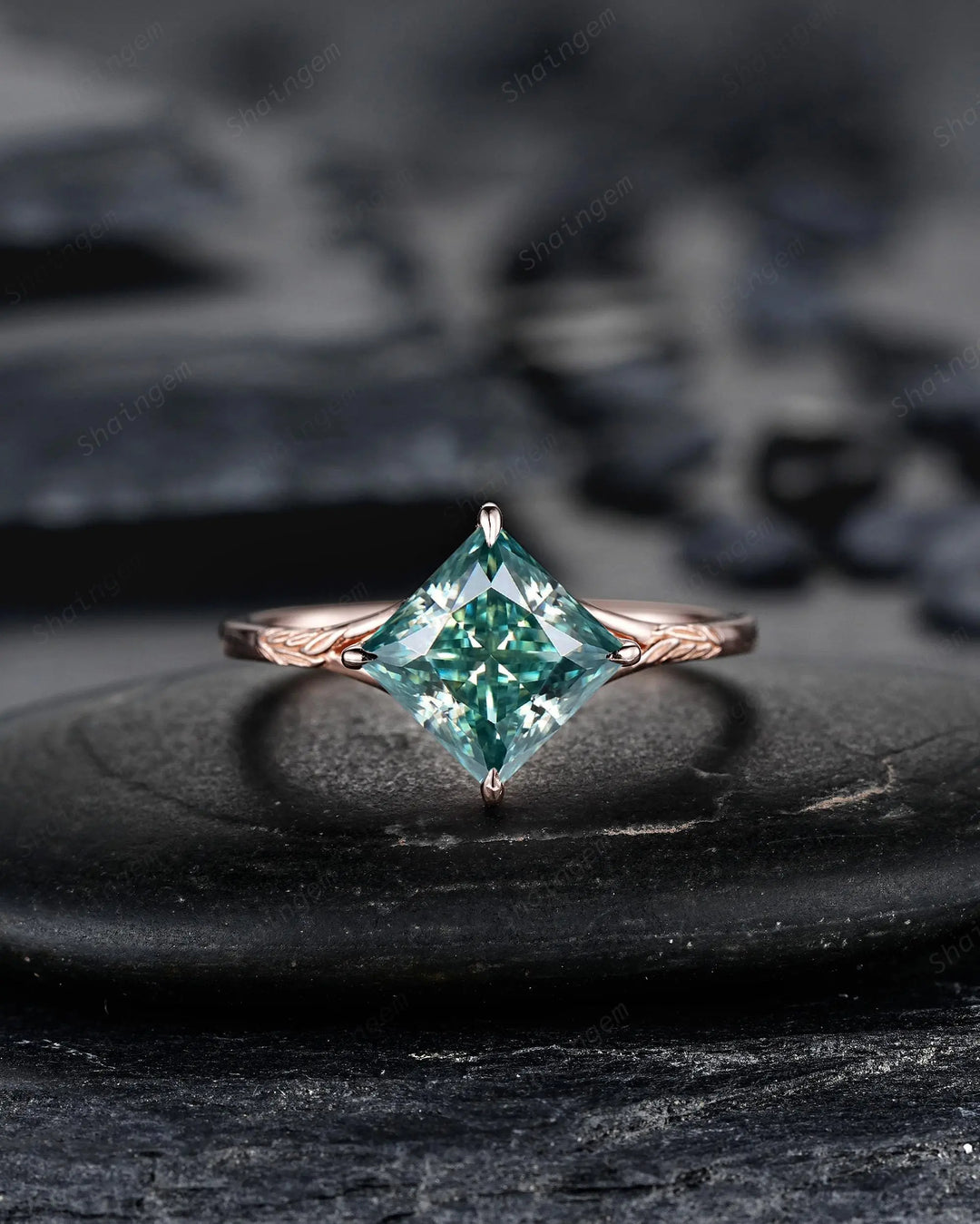 Unique 3PCS Princess Cut Green Moissanite Solitaire Engagement Ring: Nature Inspired Leaf Wedding Set Rose Gold Promise Silver 925, Platinum - ShainJewelry