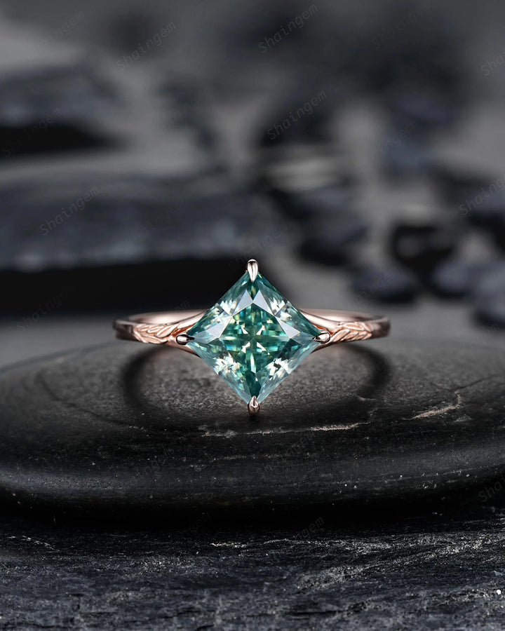 Unique 3PCS Princess Cut Green Moissanite Solitaire Engagement Ring: Nature Inspired Leaf Wedding Set Rose Gold Promise Silver 925, Platinum - ShainJewelry
