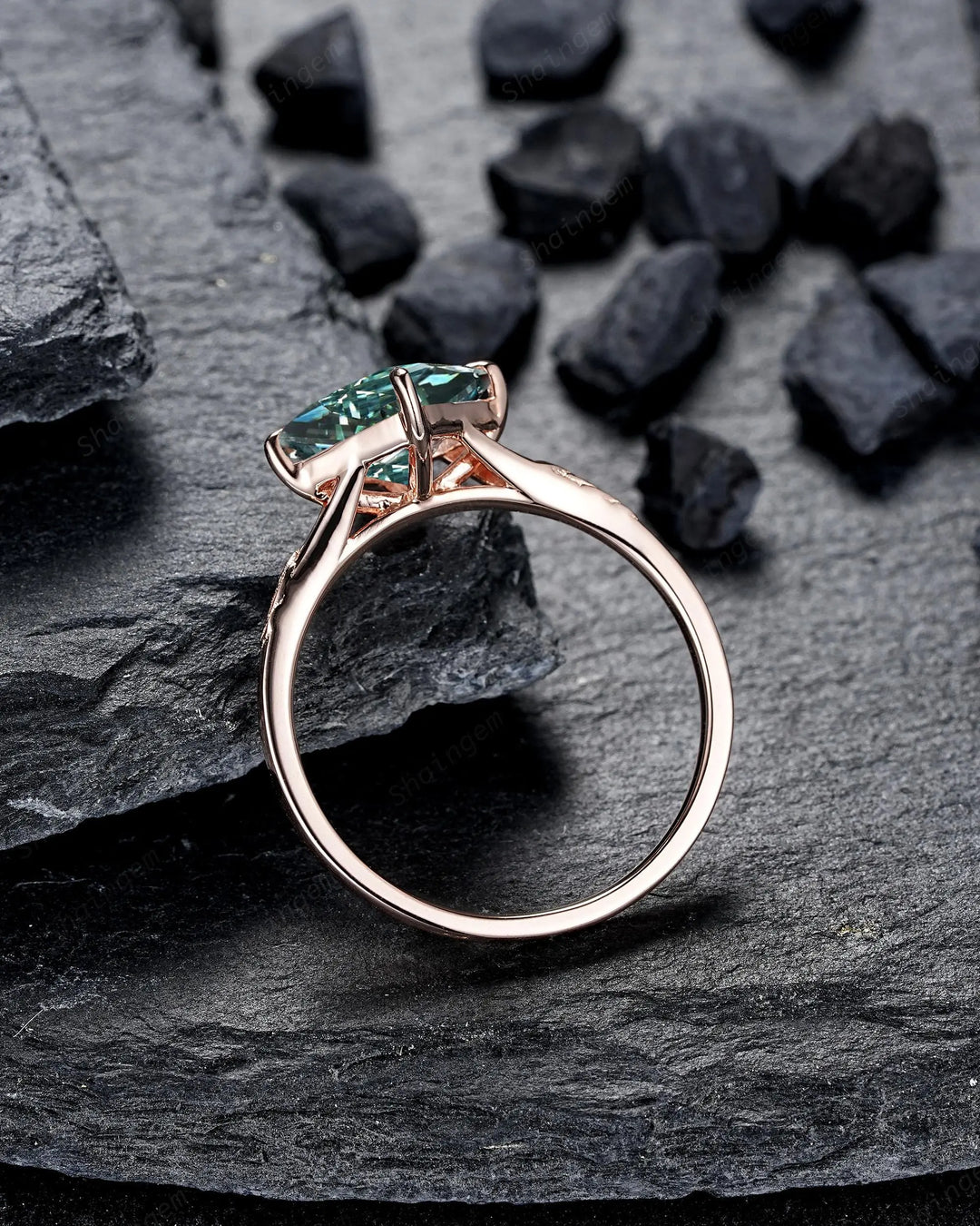 Unique 3PCS Princess Cut Green Moissanite Solitaire Engagement Ring: Nature Inspired Leaf Wedding Set Rose Gold Promise Silver 925, Platinum - ShainJewelry