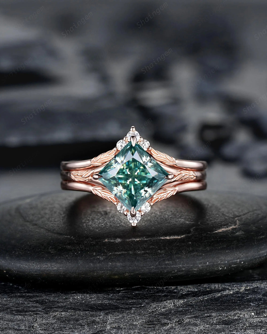 Unique 3PCS Princess Cut Green Moissanite Solitaire Engagement Ring: Nature Inspired Leaf Wedding Set Rose Gold Promise Silver 925, Platinum - ShainJewelry