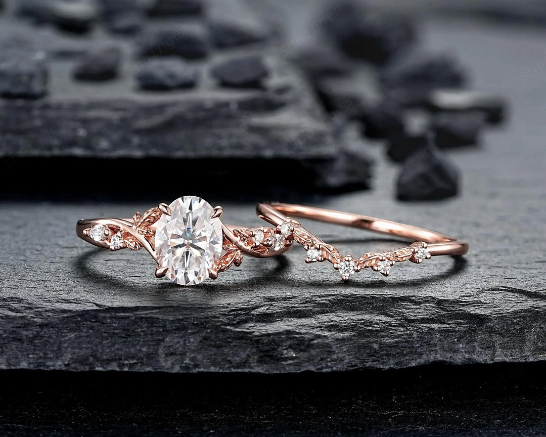 Oval Shape Moissanite Leaf Engagement Ring Set: Unique 10K 14K 18K Rose Gold Twig Branch Vine Wedding Promise Platinum, 925 Silver Gift - ShainJewelry