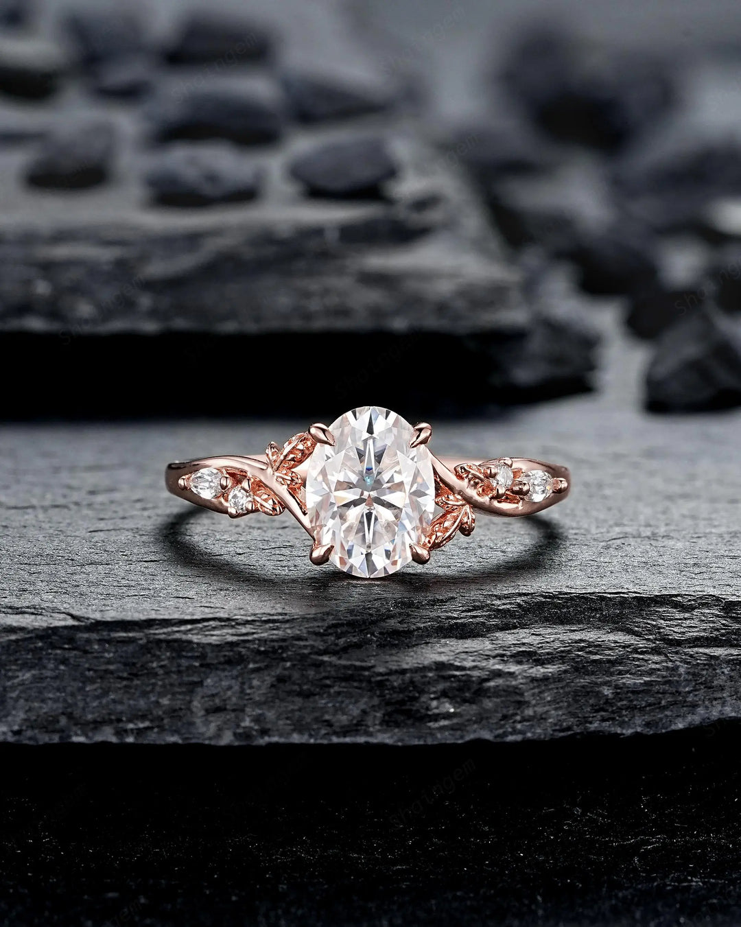 Oval Shape Moissanite Leaf Engagement Ring Set: Unique 10K 14K 18K Rose Gold Twig Branch Vine Wedding Promise Platinum, 925 Silver Gift - ShainJewelry