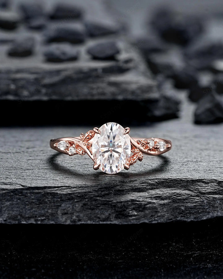 Oval Shape Moissanite Leaf Engagement Ring Set: Unique 10K 14K 18K Rose Gold Twig Branch Vine Wedding Promise Platinum, 925 Silver Gift - ShainJewelry