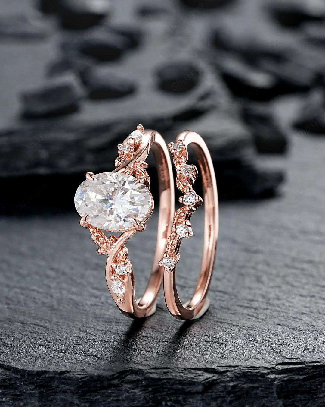 Oval Shape Moissanite Leaf Engagement Ring Set: Unique 10K 14K 18K Rose Gold Twig Branch Vine Wedding Promise Platinum, 925 Silver Gift - ShainJewelry