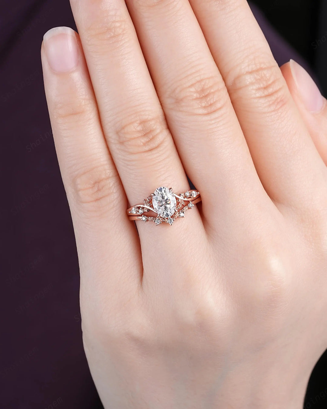 Oval Shape Moissanite Leaf Engagement Ring Set: Unique 10K 14K 18K Rose Gold Twig Branch Vine Wedding Promise Platinum, 925 Silver Gift - ShainJewelry