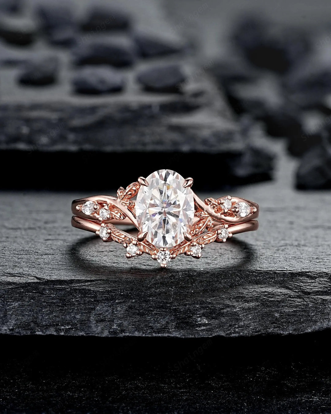 Oval Shape Moissanite Leaf Engagement Ring Set: Unique 10K 14K 18K Rose Gold Twig Branch Vine Wedding Promise Platinum, 925 Silver Gift - ShainJewelry