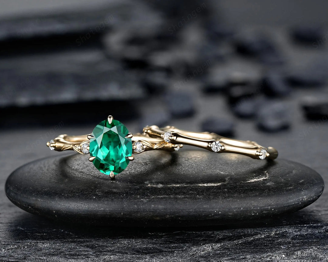 Oval Shape Green Emerald Engagement Ring Set: 10K 14K 18K Yellow Gold Promise Wedding Platinum Nature Inspired Bamboo Knot Leaf Silver 925 - ShainJewelry