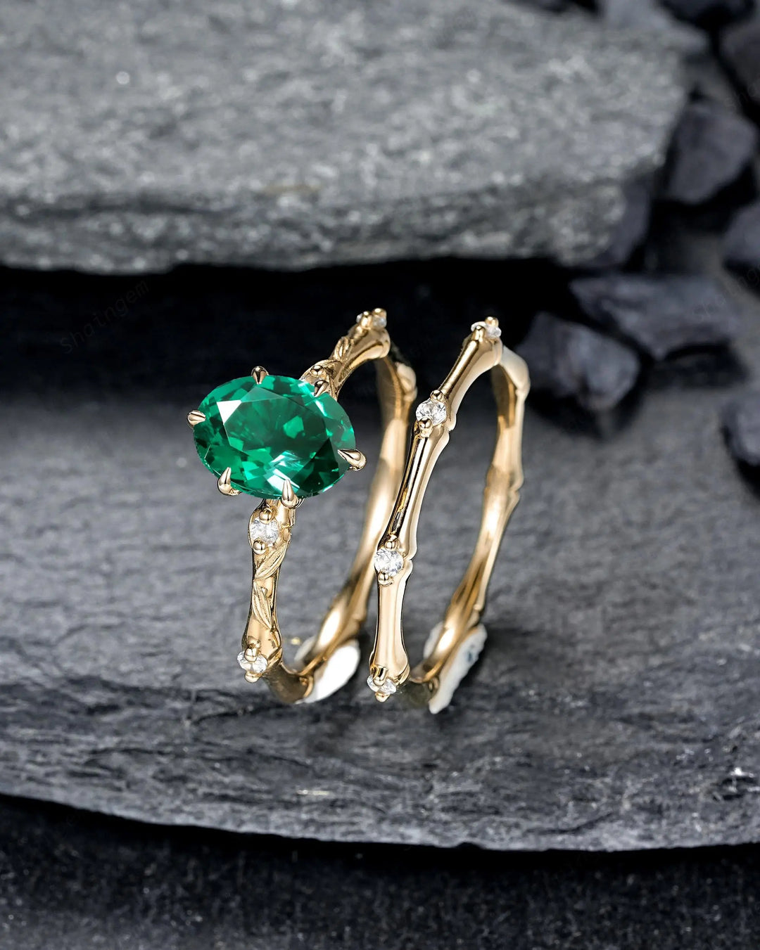 Oval Shape Green Emerald Engagement Ring Set: 10K 14K 18K Yellow Gold Promise Wedding Platinum Nature Inspired Bamboo Knot Leaf Silver 925 - ShainJewelry