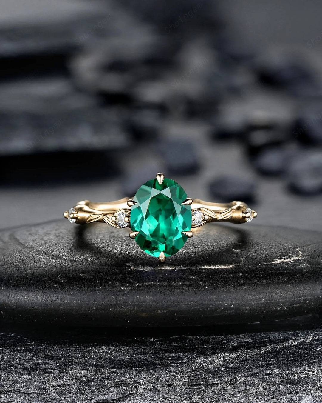 Oval Shape Green Emerald Engagement Ring Set: 10K 14K 18K Yellow Gold Promise Wedding Platinum Nature Inspired Bamboo Knot Leaf Silver 925 - ShainJewelry