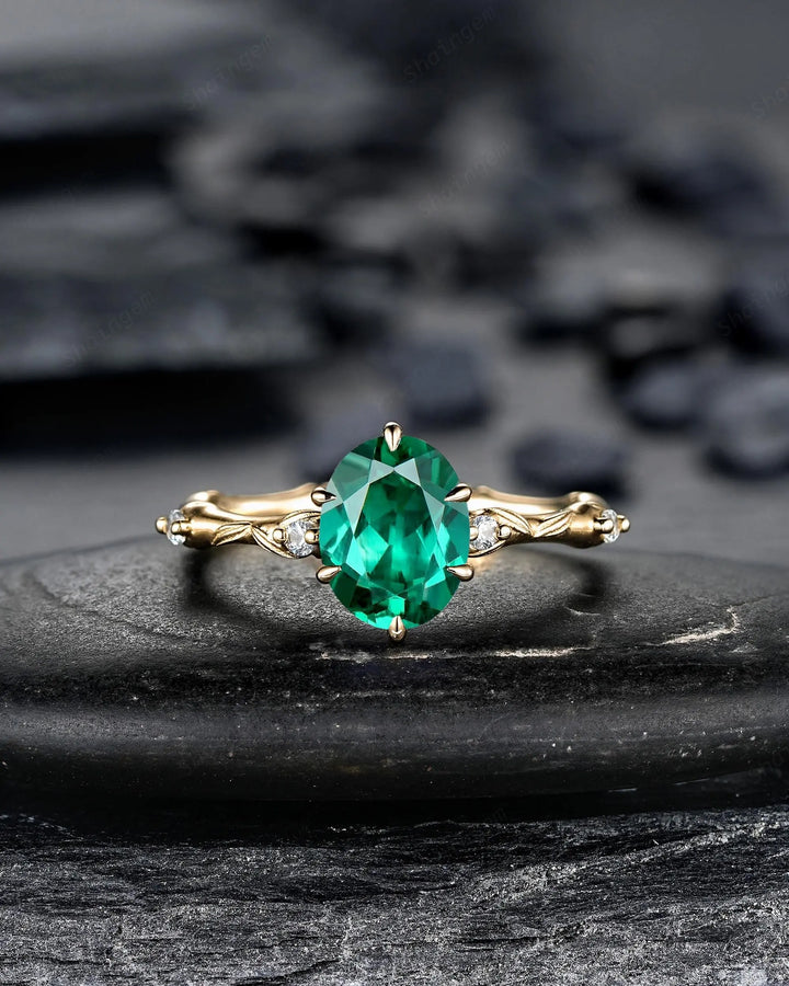 Oval Shape Green Emerald Engagement Ring Set: 10K 14K 18K Yellow Gold Promise Wedding Platinum Nature Inspired Bamboo Knot Leaf Silver 925 - ShainJewelry