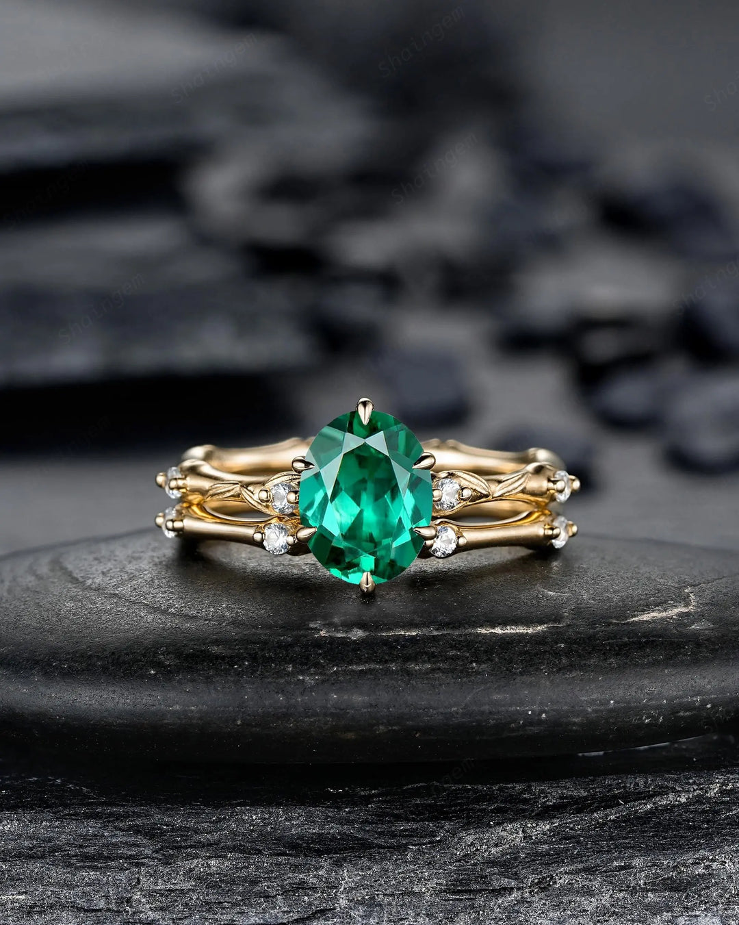 Oval Shape Green Emerald Engagement Ring Set: 10K 14K 18K Yellow Gold Promise Wedding Platinum Nature Inspired Bamboo Knot Leaf Silver 925 - ShainJewelry