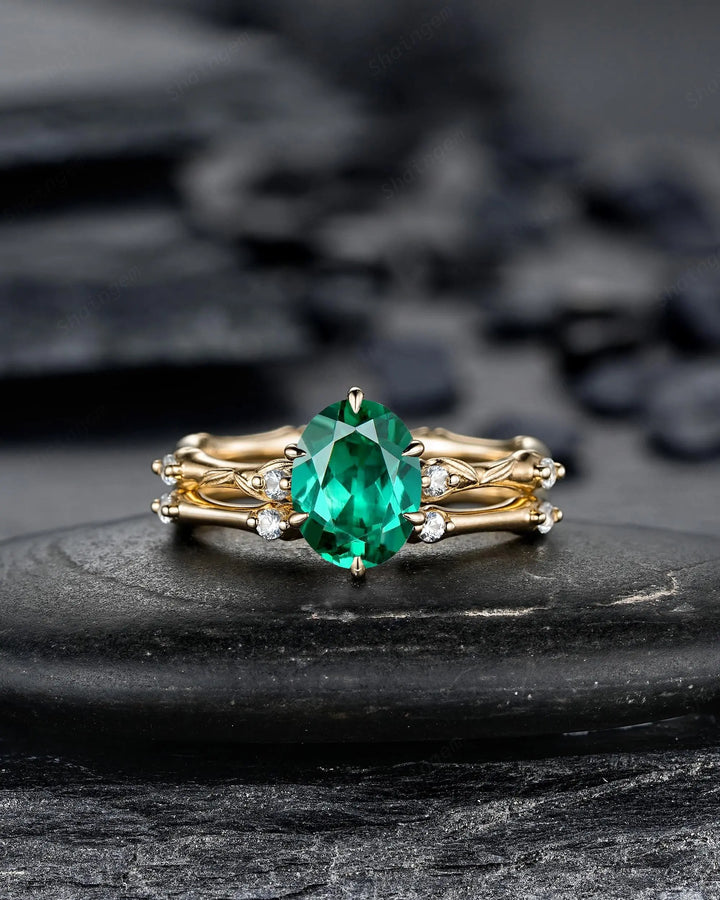 Oval Shape Green Emerald Engagement Ring Set: 10K 14K 18K Yellow Gold Promise Wedding Platinum Nature Inspired Bamboo Knot Leaf Silver 925 - ShainJewelry