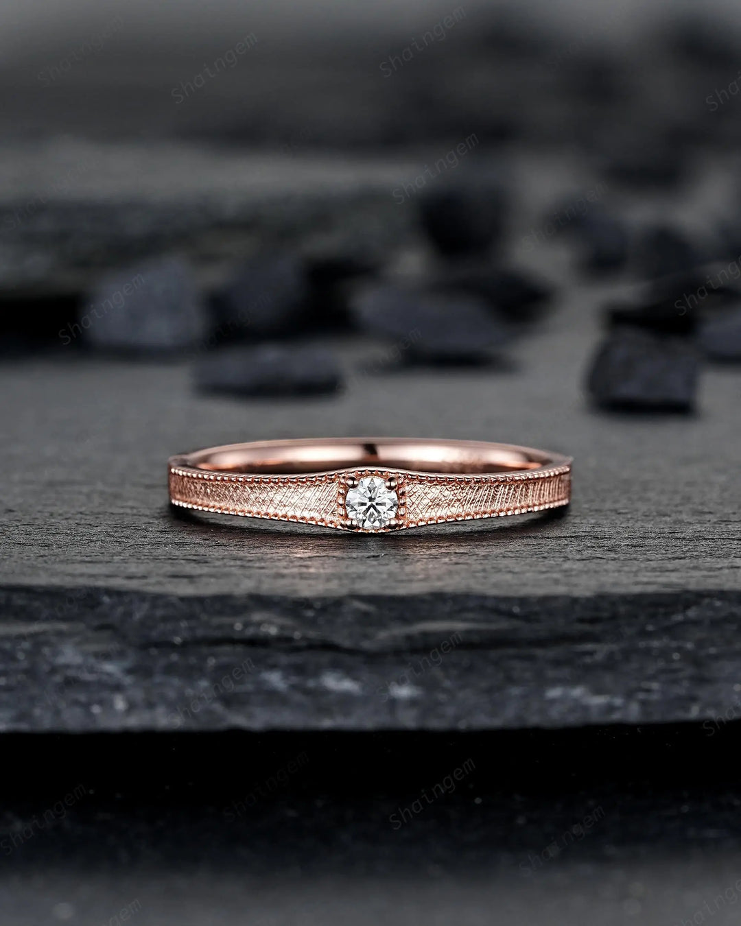 Brushed Satin Full Eternity His and Hers Baguette Moissanite Solitaire Couple Ring Set, Rose Gold Matching Wedding Band Promise Engagement - ShainJewelry