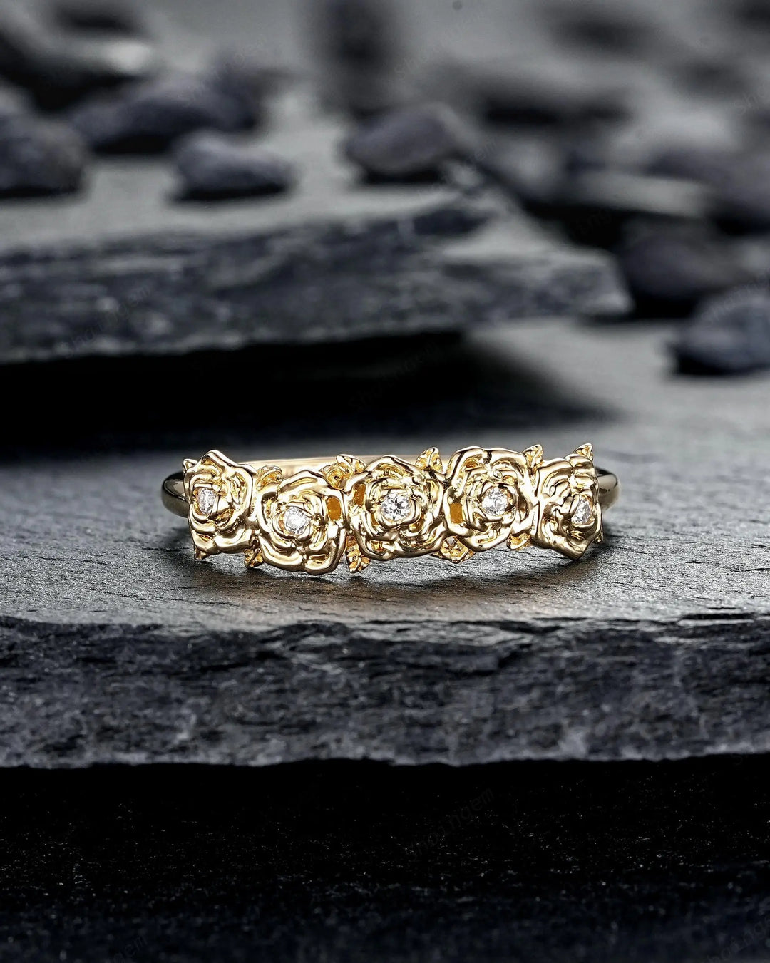 Women's Rose Flower Floral Wedding Band, 10K 14K 18K Yellow Gold Engagement Ring, 925 Silver Nature Inspired Platinum Promise Matching Band - ShainJewelry