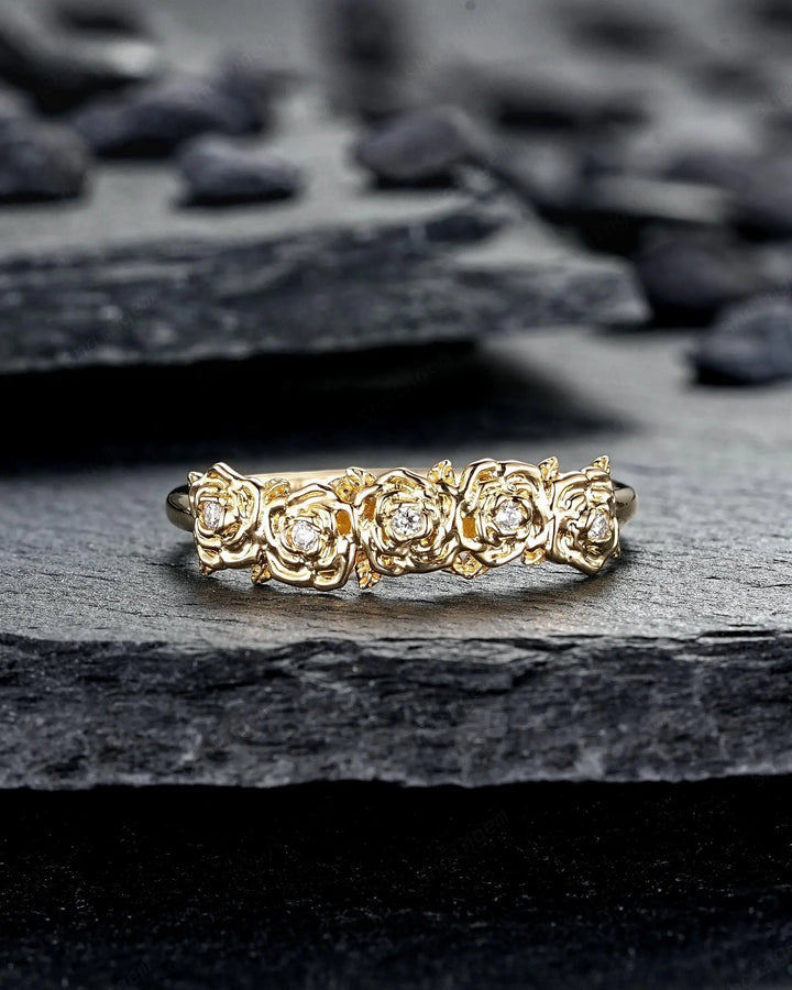 Women's Rose Flower Floral Wedding Band, 10K 14K 18K Yellow Gold Engagement Ring, 925 Silver Nature Inspired Platinum Promise Matching Band - ShainJewelry