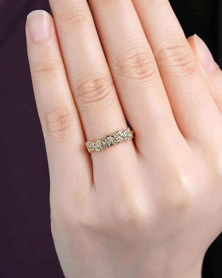 Women's Rose Flower Floral Wedding Band, 10K 14K 18K Yellow Gold Engagement Ring, 925 Silver Nature Inspired Platinum Promise Matching Band - ShainJewelry