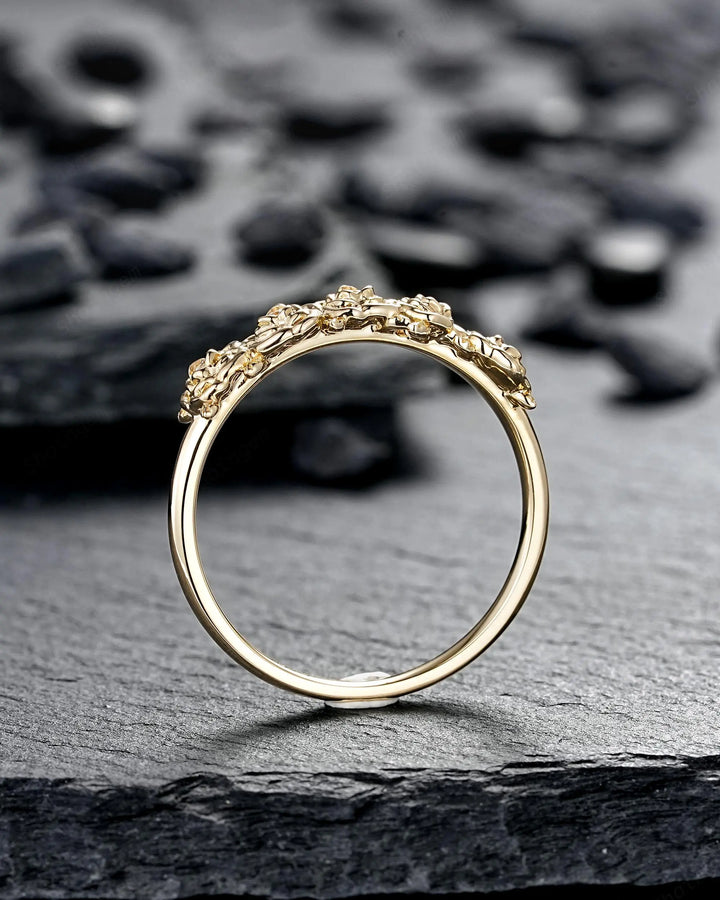 Women's Rose Flower Floral Wedding Band, 10K 14K 18K Yellow Gold Engagement Ring, 925 Silver Nature Inspired Platinum Promise Matching Band - ShainJewelry