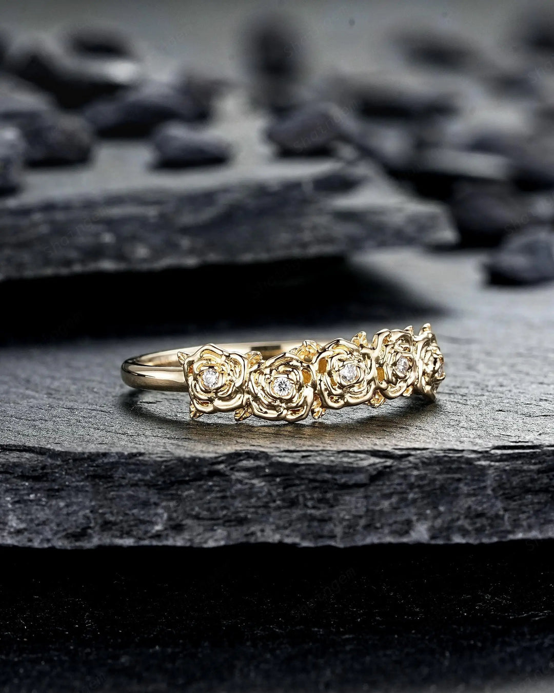 Women's Rose Flower Floral Wedding Band, 10K 14K 18K Yellow Gold Engagement Ring, 925 Silver Nature Inspired Platinum Promise Matching Band - ShainJewelry