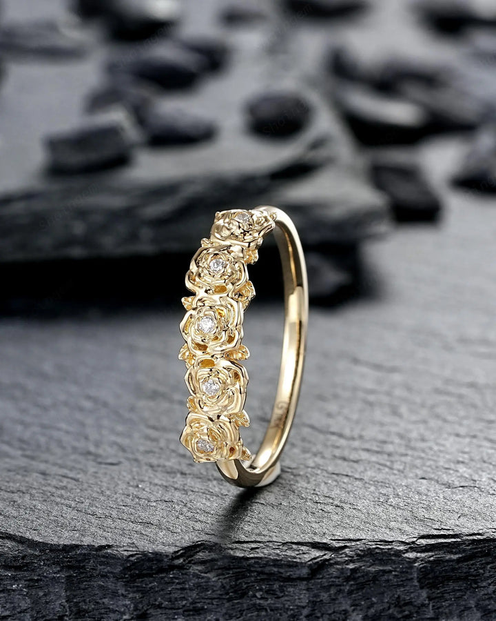 Women's Rose Flower Floral Wedding Band, 10K 14K 18K Yellow Gold Engagement Ring, 925 Silver Nature Inspired Platinum Promise Matching Band - ShainJewelry