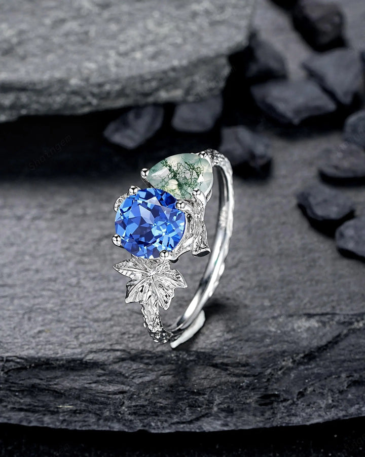 Platinum Sapphire and Moss Agate Maple Leaf Engagement Ring, White Gold Nature Inspired Vine Promise Wedding Two Stones Silver 925 - ShainJewelry