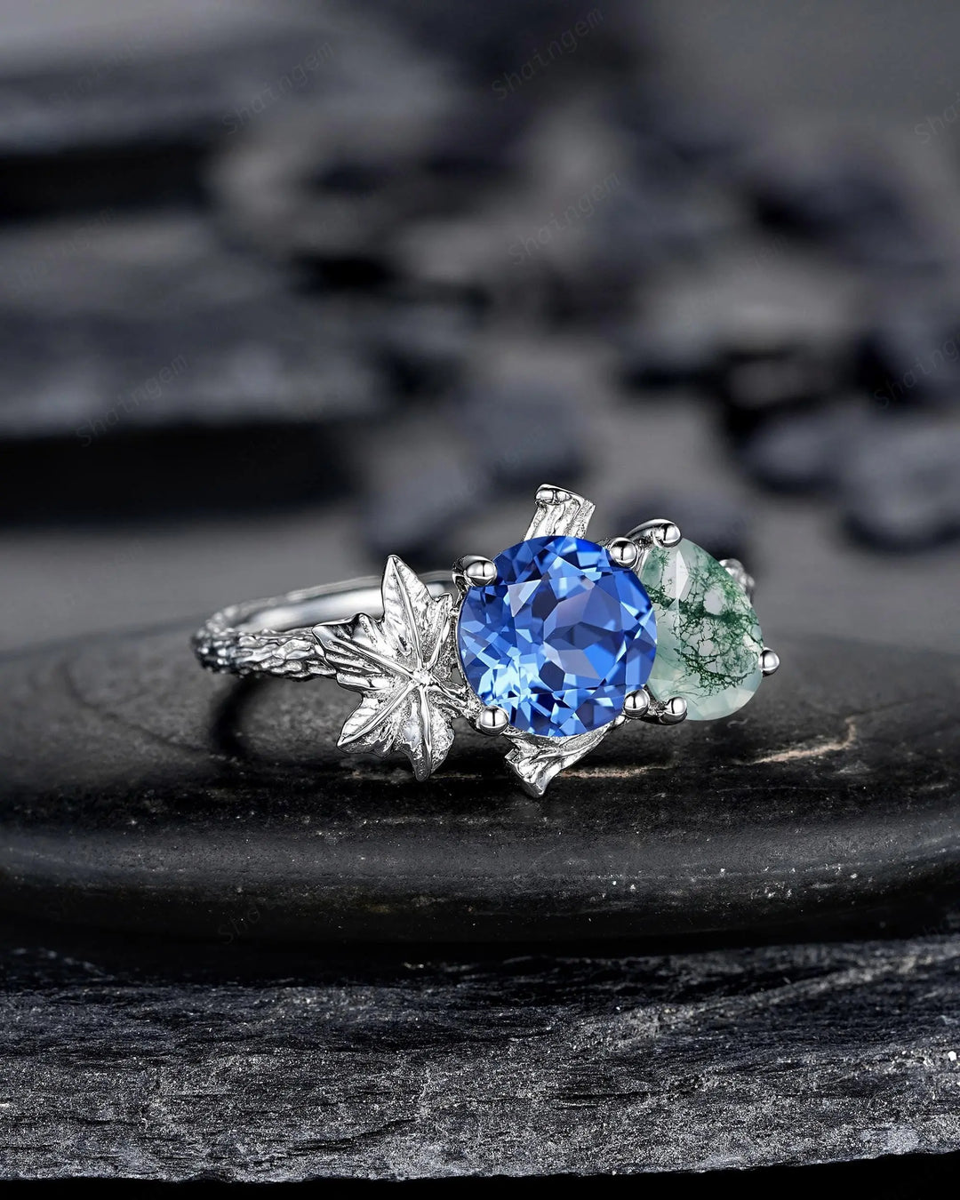 Platinum Sapphire and Moss Agate Maple Leaf Engagement Ring, White Gold Nature Inspired Vine Promise Wedding Two Stones Silver 925 - ShainJewelry