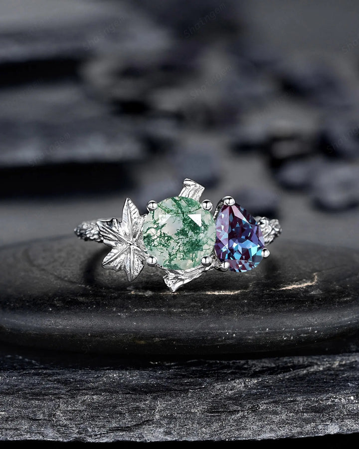 Platinum Two Tone Moss Agate and Alexandrite Maple Leaf Engagement Ring, White Gold Nature Inspired Vine Promise Wedding Two Stones Silver - ShainJewelry