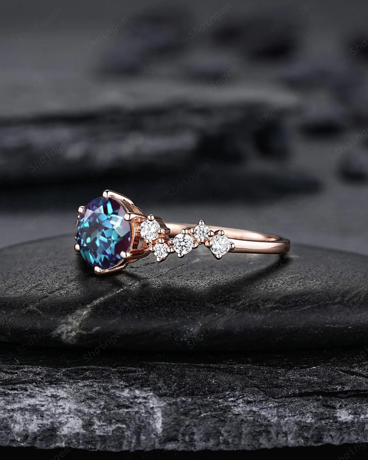 Platinum Round Shape Alexandrite Diamond Cluster Engagement Ring, Vintage 10K 14K 18K Rose Gold Silver 925 Promise Wedding June Birthstone - ShainJewelry