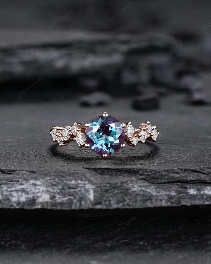 Platinum Round Shape Alexandrite Diamond Cluster Engagement Ring, Vintage 10K 14K 18K Rose Gold Silver 925 Promise Wedding June Birthstone - ShainJewelry