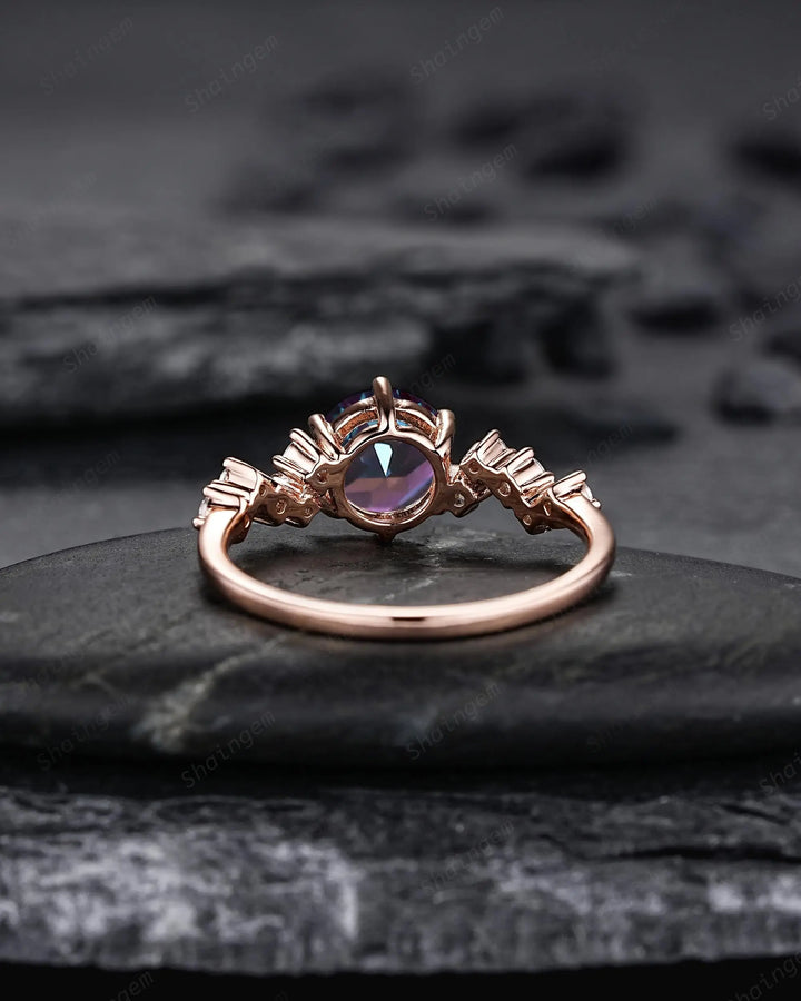 Platinum Round Shape Alexandrite Diamond Cluster Engagement Ring, Vintage 10K 14K 18K Rose Gold Silver 925 Promise Wedding June Birthstone - ShainJewelry