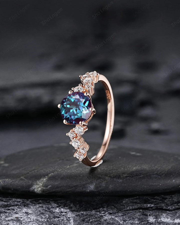 Platinum Round Shape Alexandrite Diamond Cluster Engagement Ring, Vintage 10K 14K 18K Rose Gold Silver 925 Promise Wedding June Birthstone - ShainJewelry