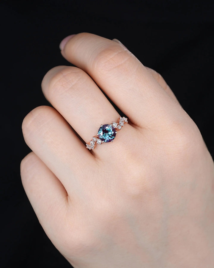 Platinum Round Shape Alexandrite Diamond Cluster Engagement Ring, Vintage 10K 14K 18K Rose Gold Silver 925 Promise Wedding June Birthstone - ShainJewelry