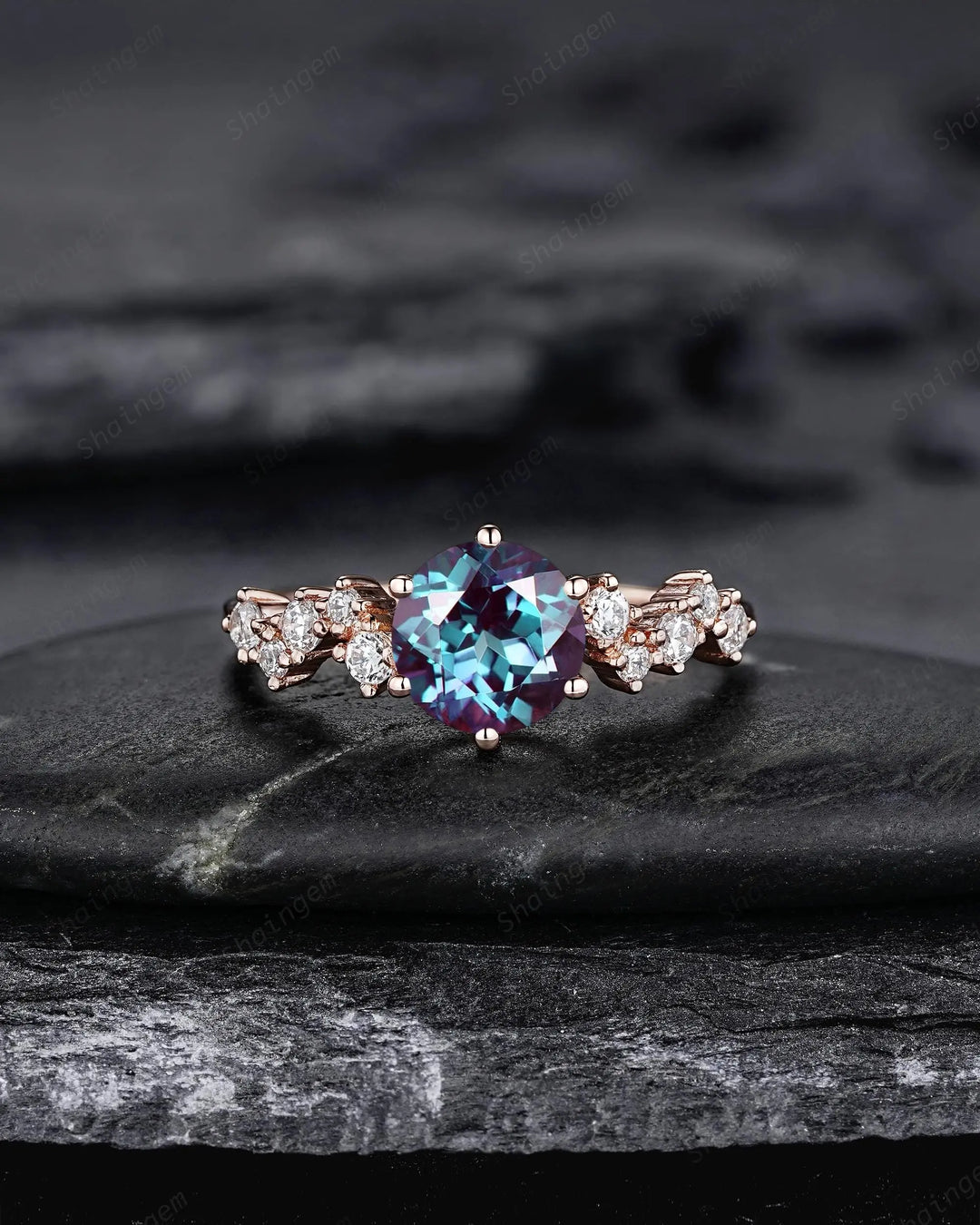 Platinum Round Shape Alexandrite Diamond Cluster Engagement Ring, Vintage 10K 14K 18K Rose Gold Silver 925 Promise Wedding June Birthstone - ShainJewelry