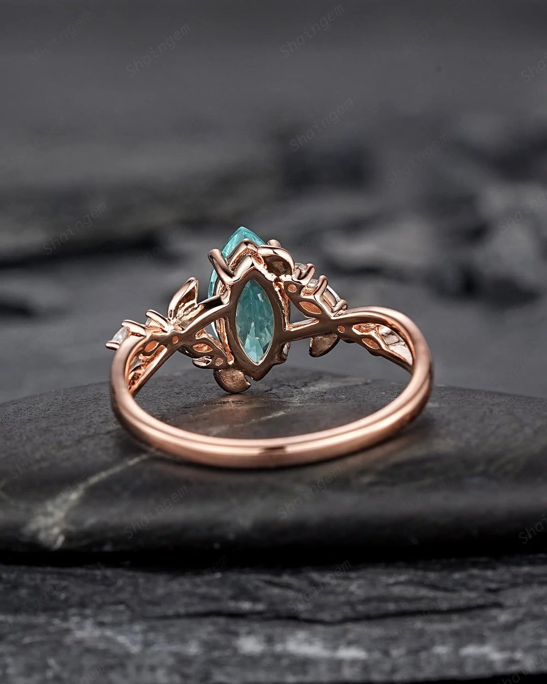 Marquise Paraiba Blue Tourmaline Engagement Ring, Cluster 10k 14k 18k Rose Gold Promise 925 Silver Leaf Wedding Nature Inspired Platinum - ShainJewelry