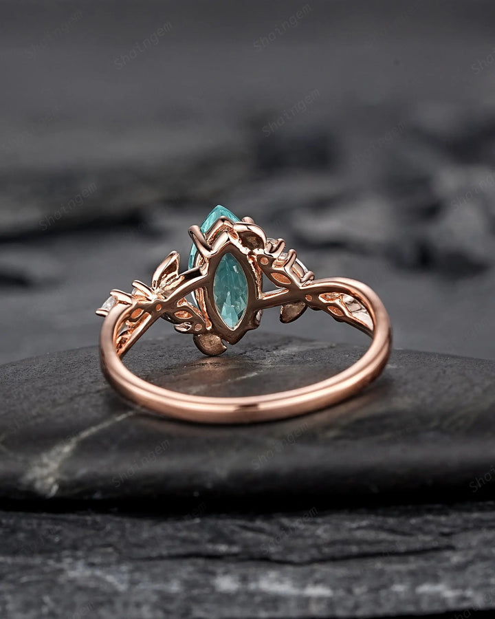 Marquise Paraiba Blue Tourmaline Engagement Ring, Cluster 10k 14k 18k Rose Gold Promise 925 Silver Leaf Wedding Nature Inspired Platinum - ShainJewelry