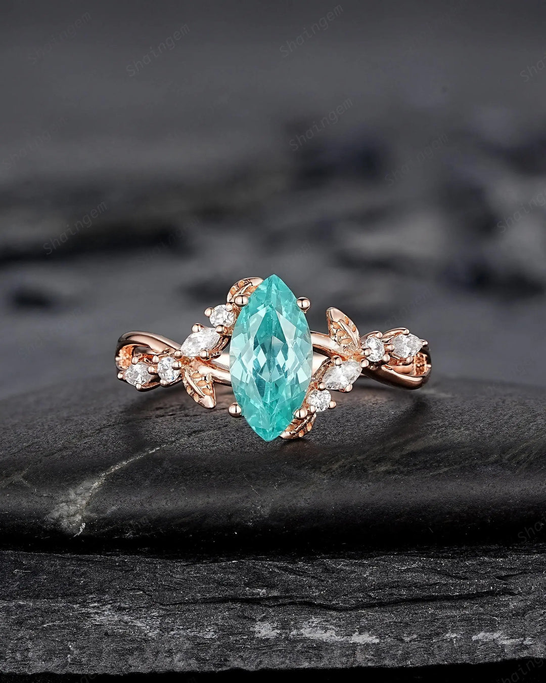 Marquise Paraiba Blue Tourmaline Engagement Ring, Cluster 10k 14k 18k Rose Gold Promise 925 Silver Leaf Wedding Nature Inspired Platinum - ShainJewelry