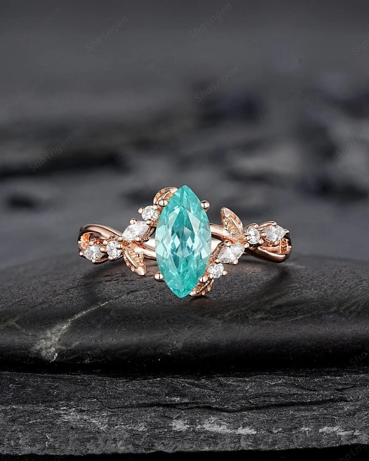 Marquise Paraiba Blue Tourmaline Engagement Ring, Cluster 10k 14k 18k Rose Gold Promise 925 Silver Leaf Wedding Nature Inspired Platinum - ShainJewelry