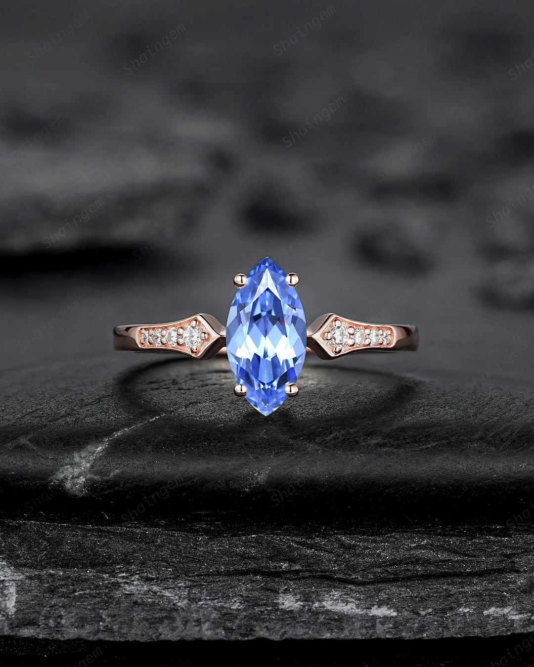 Marquise Blue Sapphire Engagement Ring Set: 10K 14K 18K Rose Gold Milgrain Wedding Promise, Platinum Diamond, Curved V Shape Half Eternity - ShainJewelry