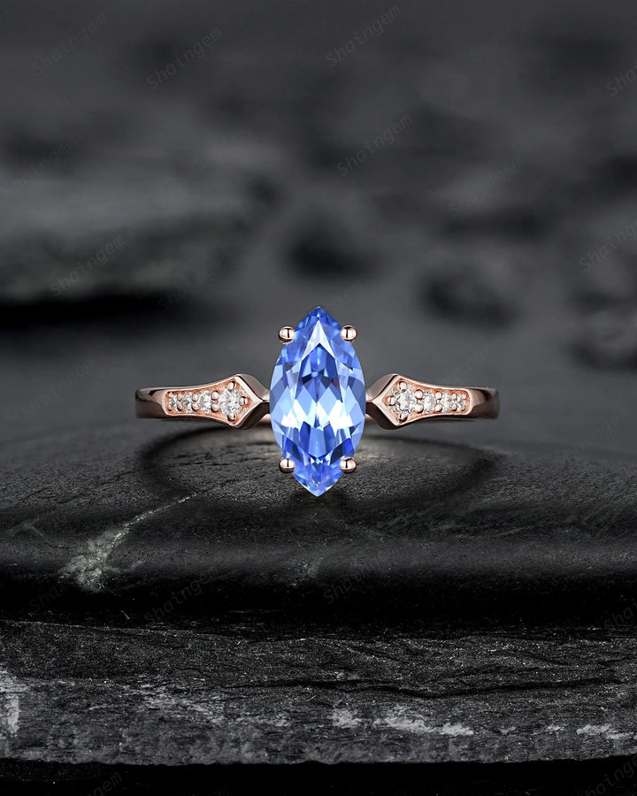 Marquise Blue Sapphire Engagement Ring Set: 10K 14K 18K Rose Gold Milgrain Wedding Promise, Platinum Diamond, Curved V Shape Half Eternity - ShainJewelry