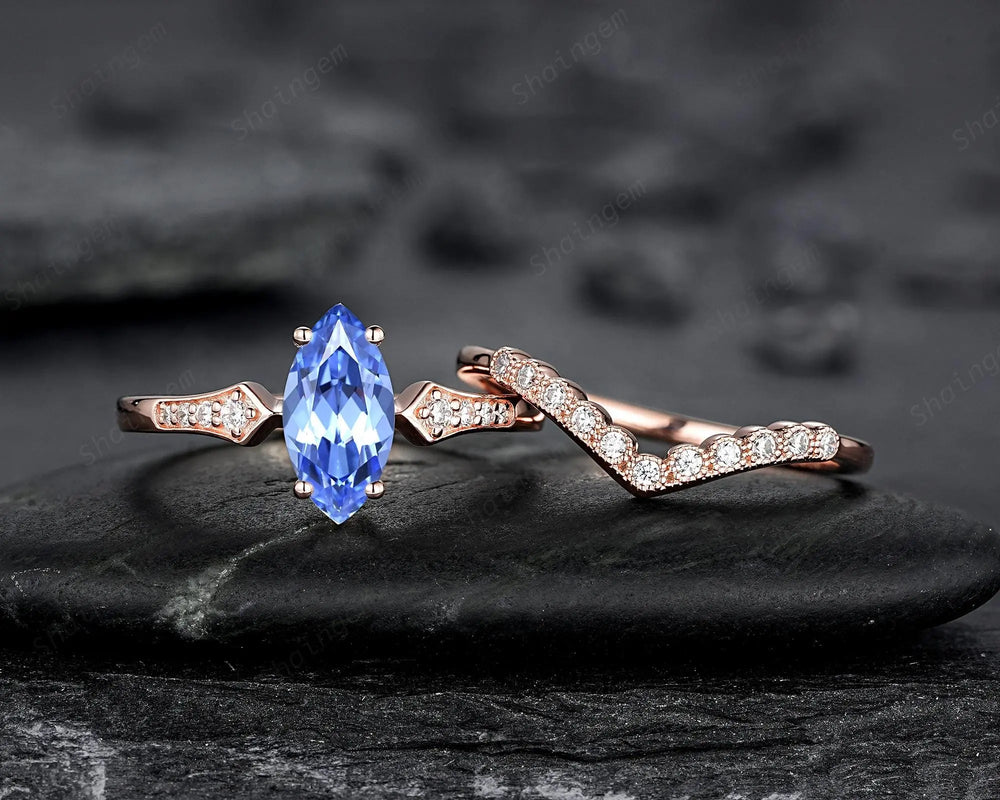 Marquise Blue Sapphire Engagement Ring Set: 10K 14K 18K Rose Gold Milgrain Wedding Promise, Platinum Diamond, Curved V Shape Half Eternity - ShainJewelry