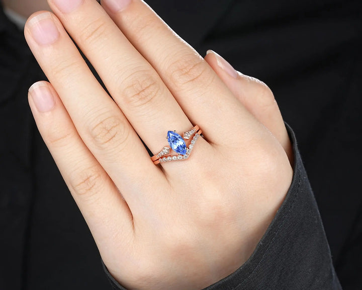 Marquise Blue Sapphire Engagement Ring Set: 10K 14K 18K Rose Gold Milgrain Wedding Promise, Platinum Diamond, Curved V Shape Half Eternity - ShainJewelry