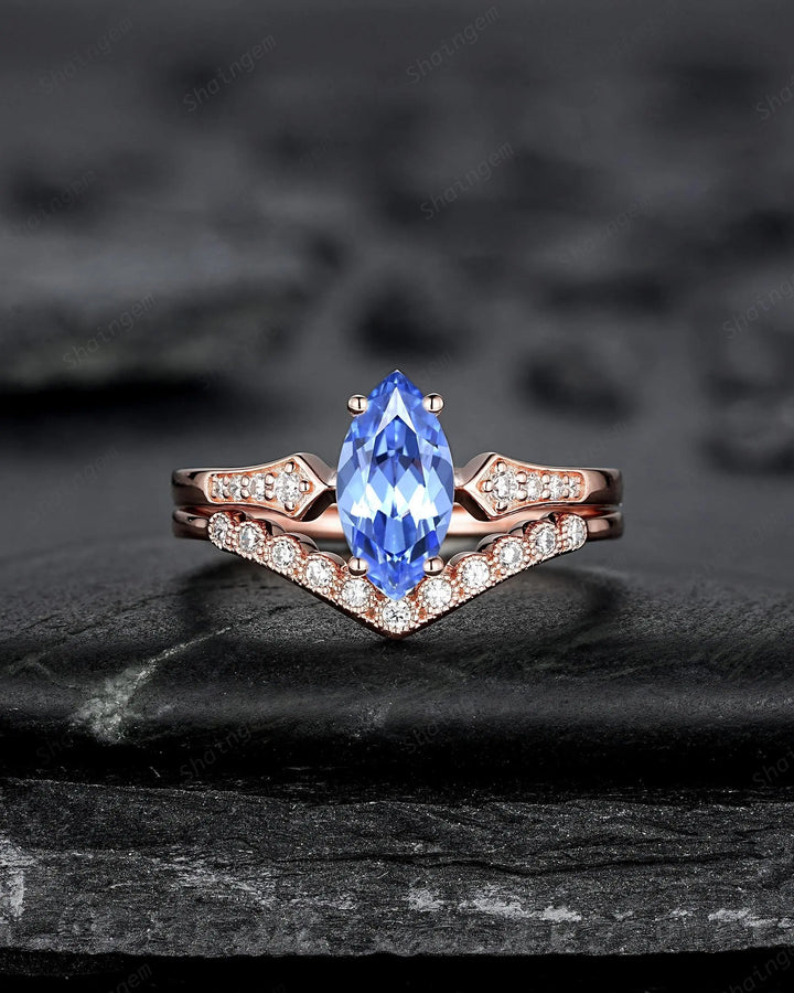 Marquise Blue Sapphire Engagement Ring Set: 10K 14K 18K Rose Gold Milgrain Wedding Promise, Platinum Diamond, Curved V Shape Half Eternity - ShainJewelry
