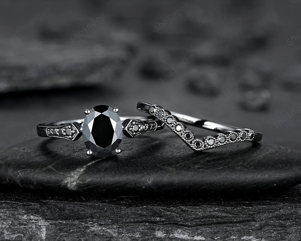 Gothic Oval Shape Black Moissanite Engagement Ring Set, Witchy Promise Ring, Gothic Black Rhodium Wedding Anniversary Gift for Women - ShainJewelry
