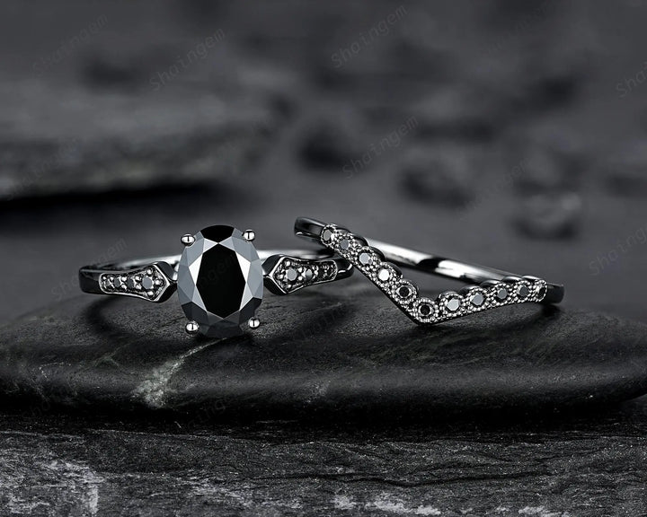 Gothic Oval Shape Black Moissanite Engagement Ring Set, Witchy Promise Ring, Gothic Black Rhodium Wedding Anniversary Gift for Women - ShainJewelry
