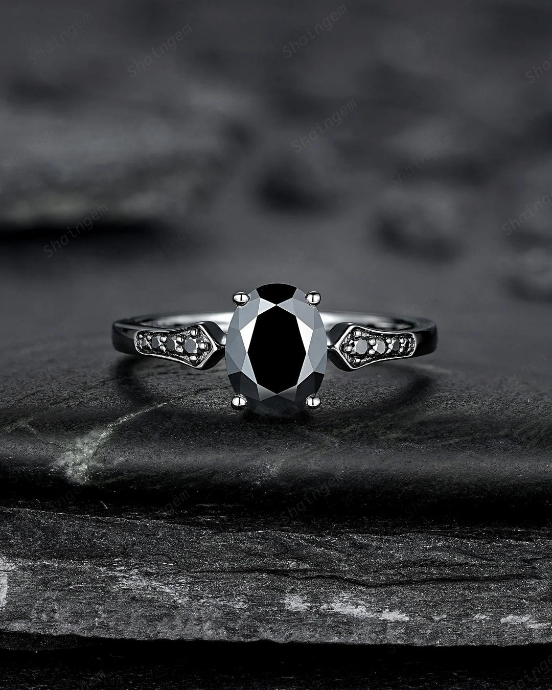 Gothic Oval Shape Black Moissanite Engagement Ring Set, Witchy Promise Ring, Gothic Black Rhodium Wedding Anniversary Gift for Women - ShainJewelry