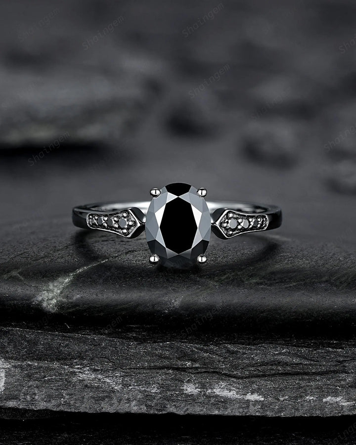 Gothic Oval Shape Black Moissanite Engagement Ring Set, Witchy Promise Ring, Gothic Black Rhodium Wedding Anniversary Gift for Women - ShainJewelry