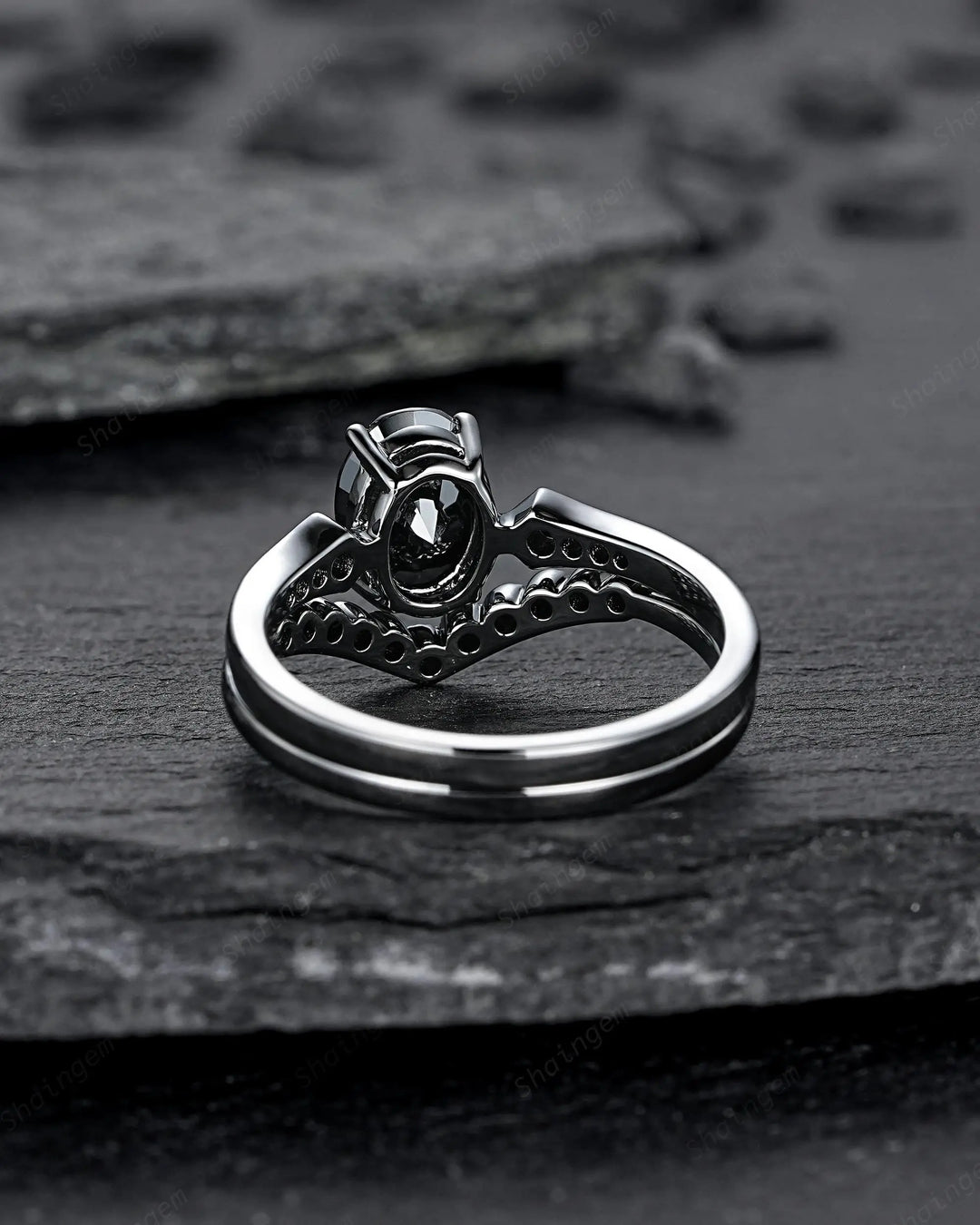 Gothic Oval Shape Black Moissanite Engagement Ring Set, Witchy Promise Ring, Gothic Black Rhodium Wedding Anniversary Gift for Women - ShainJewelry